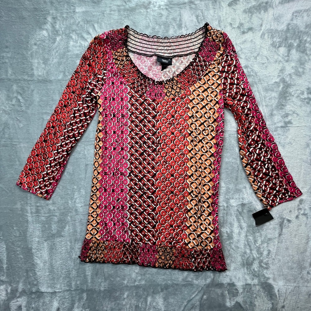 Mossimo Smocked Geometric Top Women Size S Pink Orange 3/4 Sleeve Scoop Neck